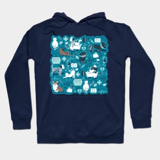 Veterinary medicine, happy and healthy friends // turquoise background aqua details navy blue white and brown cats dogs and other animals Hoodie